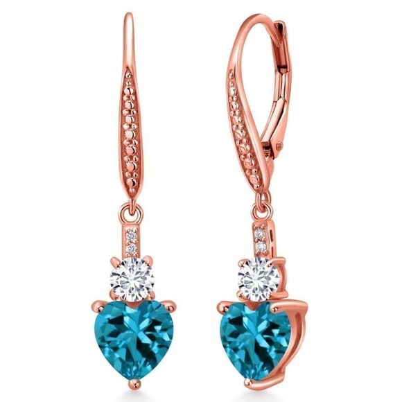 18K Rose Gold with 3.77 Cttw London Blue Topaz and Diamond Heart Drop Earrings - Picture 1 of 4